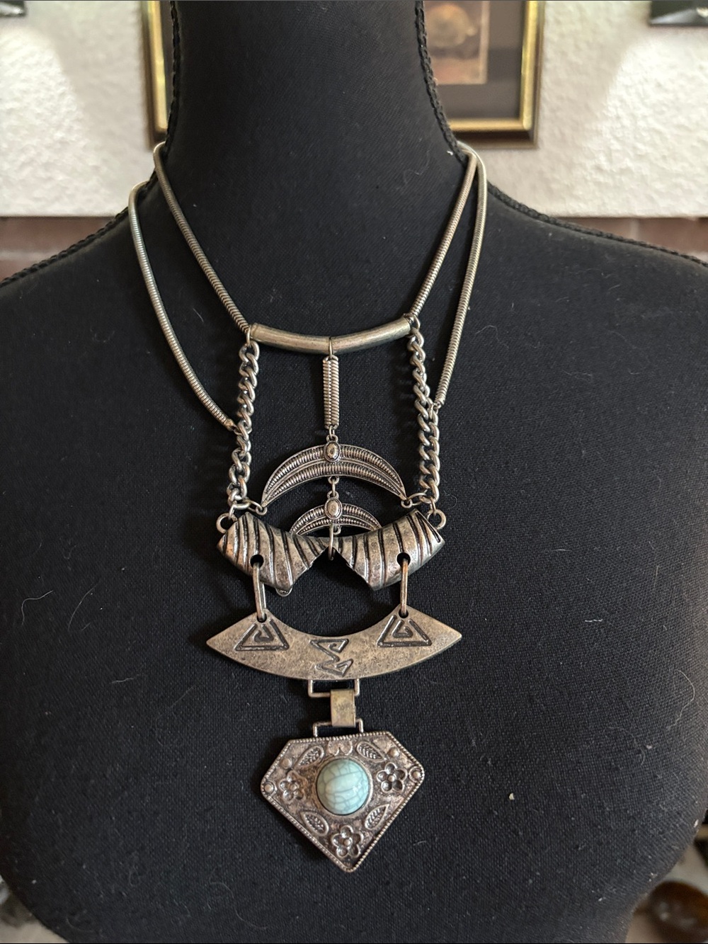 Boho Silver-Tone Layered Pendant Necklace with Turquoise Accent
